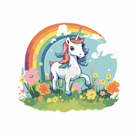 Ilustración de Unicornio en el prado con flores y arco iris. Ilustración vectorial. - Imagen libre de derechos