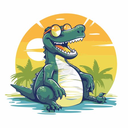 Téléchargez les illustrations : Crocodile dessin animé sur la plage. Illustration vectorielle pour votre design - en licence libre de droit