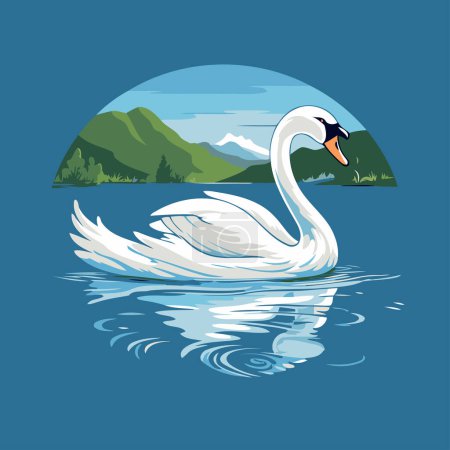 Téléchargez les illustrations : Cygne sur le lac avec des montagnes en arrière-plan. illustration vectorielle - en licence libre de droit