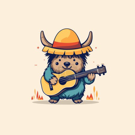 Téléchargez les illustrations : Illustration d'un chien mignon dans un chapeau jouant de la guitare. - en licence libre de droit