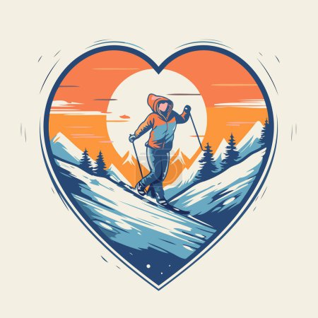 Téléchargez les illustrations : Illustration vectorielle d'un snowboardeur en forme de cœur sur le fond des montagnes. - en licence libre de droit