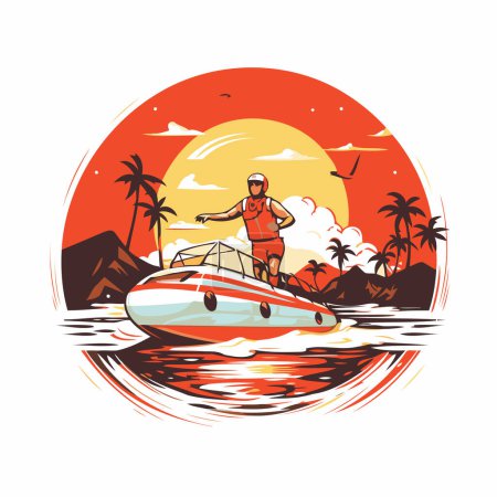 Illustration for Man on a boat in the sea at sunset. Vector illustration. - Royalty Free Image