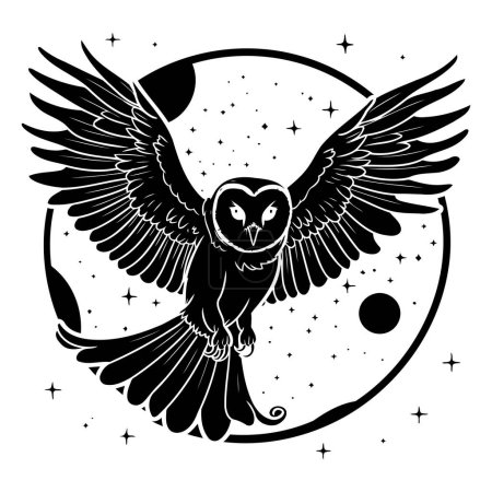 Ilustración de Búho volando en el cielo nocturno. Ilustración vectorial en blanco y negro. - Imagen libre de derechos