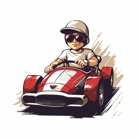 Téléchargez les illustrations : Illustration d'un garçon conduisant une voiture de course vintage. Illustration vectorielle. - en licence libre de droit
