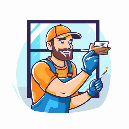 Illustration for Repairman at the window. Vector illustration in cartoon style. - Royalty Free Image