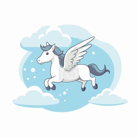 Illustration for Unicorn with wings flying in the clouds. Vector illustration. - Royalty Free Image