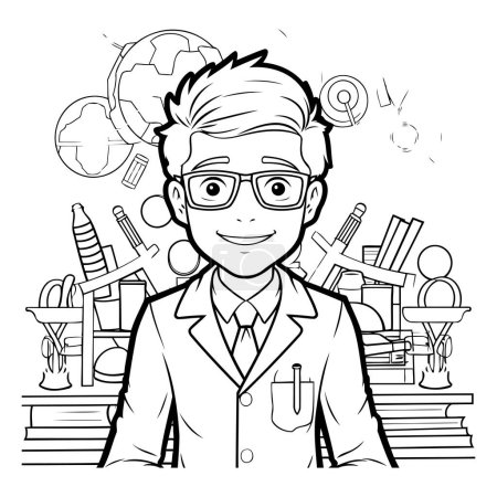Illustration for Black and White Cartoon Illustration of a Scientist or Professor Character for Coloring Book - Royalty Free Image