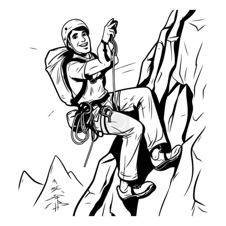 Téléchargez les illustrations : Illustration d'un grimpeur grimpant sur une falaise avec une corde - en licence libre de droit