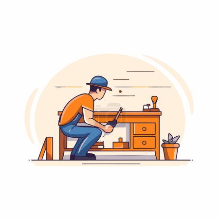 Illustration for Carpenter working on a table. Vector illustration in flat style - Royalty Free Image