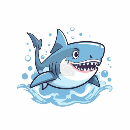 Téléchargez les illustrations : Mignon requin dessin animé dans l'eau. Illustration vectorielle isolée sur fond blanc. - en licence libre de droit