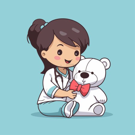 Ilustración de Linda niña doctora con oso de peluche. Ilustración vectorial. - Imagen libre de derechos
