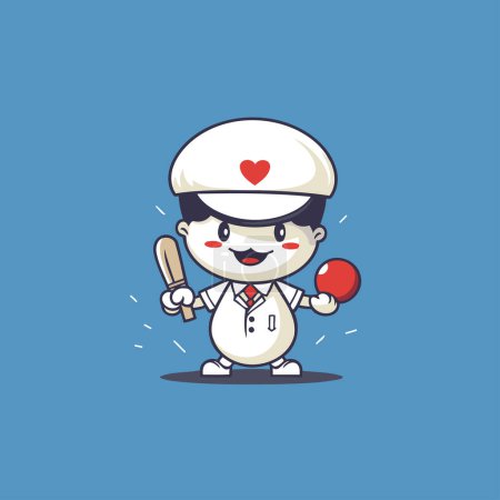 Illustration for Cute nurse cartoon character with baseball bat and ball vector illustration. - Royalty Free Image