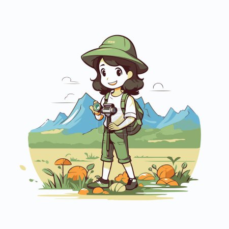 Illustration for Tourist girl with binoculars in nature. Vector illustration. - Royalty Free Image
