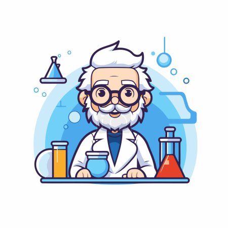 Illustration for Scientist cartoon character in lab coat. glasses and cap. Vector illustration. - Royalty Free Image
