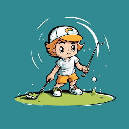 Téléchargez les illustrations : Petit garçon jouant au golf sur le terrain de golf. Illustration vectorielle de dessin animé. - en licence libre de droit