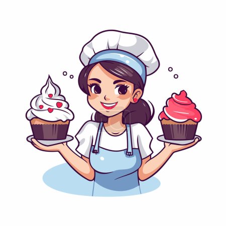Ilustración de Chef chica con cupcake. Ilustración vectorial en estilo de dibujos animados. - Imagen libre de derechos