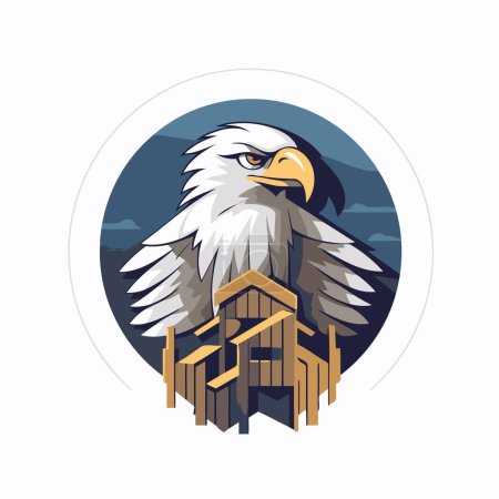 Téléchargez les illustrations : Emblème de l'aigle. Illustration vectorielle d'un aigle chauve avec une maison en bois en arrière-plan. - en licence libre de droit