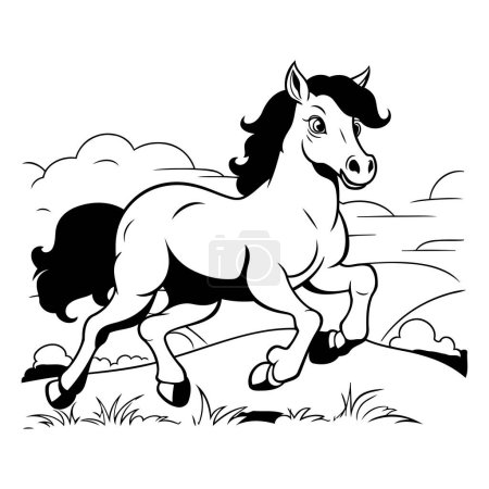 Illustration for Black and white vector illustration of a horse running in the field. - Royalty Free Image
