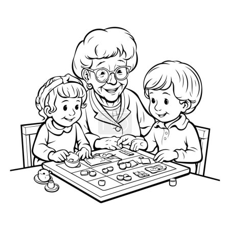 Illustration for Grandmother and grandchildren playing board games. Black and white vector illustration. - Royalty Free Image