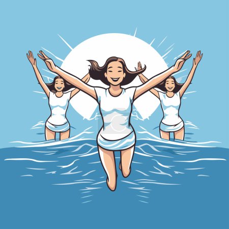 Téléchargez les illustrations : Illustration vectorielle d'une jeune femme heureuse sautant dans l'eau avec ses amis - en licence libre de droit