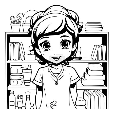 Illustration for Girl in the school library. Black and white vector illustration for coloring book. - Royalty Free Image