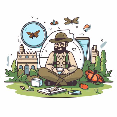 Téléchargez les illustrations : Illustration vectorielle d'un homme assis dans le parc et dessinant au crayon. - en licence libre de droit