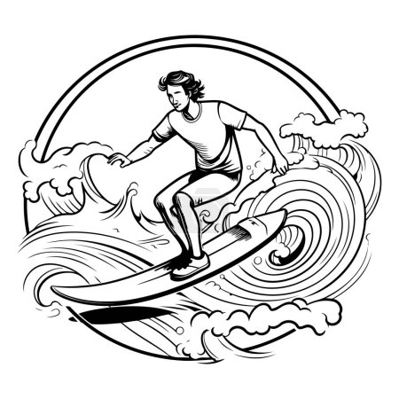 Illustration for Illustration of a surfer riding a wave set inside circle on isolated background done in black and white. - Royalty Free Image