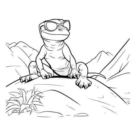 Bonita rana de dibujos animados sentada en una roca. Ilustración vectorial para colorear libro.