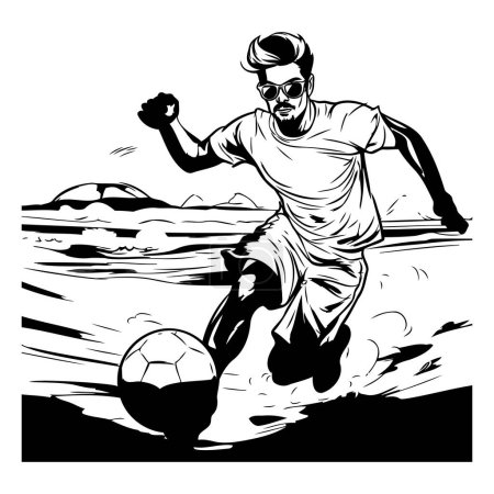 Illustration for Soccer player with ball on the beach. Black and white illustration - Royalty Free Image