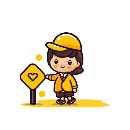 Illustration for Cute builder boy with traffic sign and yellow helmet. Vector illustration. - Royalty Free Image