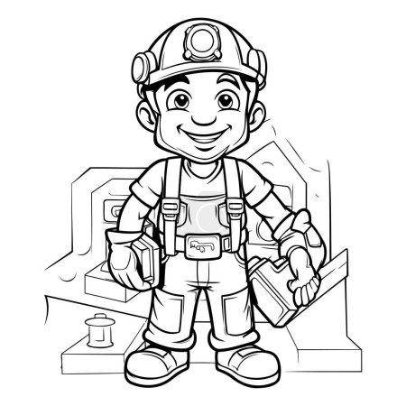 Téléchargez les illustrations : Illustration noir et blanc d'un personnage de petit garçon ouvrier de la construction pour livre à colorier - en licence libre de droit