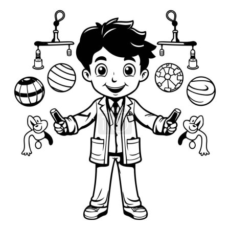 Téléchargez les illustrations : Illustration de bande dessinée en noir et blanc d'un garçon ou d'un écolier avec différentes icônes d'éducation Livre de coloriage - en licence libre de droit