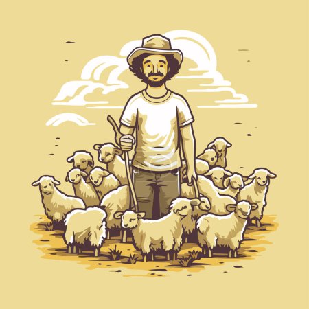 Illustration for Farmer with flock of sheep. Vector illustration in retro style. - Royalty Free Image