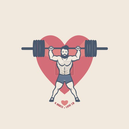 Illustration for Bodybuilder with a barbell on a background of red heart. Vector illustration - Royalty Free Image