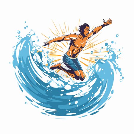 Illustration for Surfer jumping on the wave. Vector illustration on white background. - Royalty Free Image