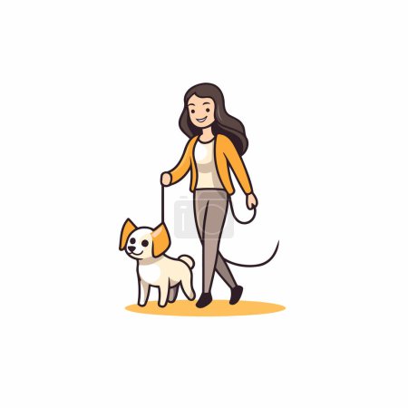 Ilustración de Una mujer paseando con su perro. Ilustración vectorial en estilo plano de dibujos animados. - Imagen libre de derechos
