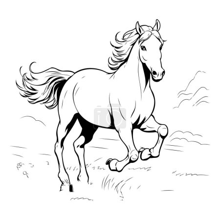 Téléchargez les illustrations : Cheval courant sur la prairie. Illustration vectorielle noir et blanc. - en licence libre de droit
