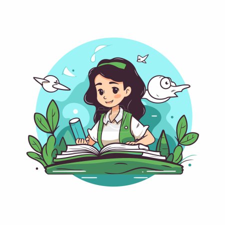 Illustration for Vector illustration of a girl reading a book. Cute cartoon character. - Royalty Free Image
