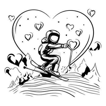 Illustration for Skiing man in the mountains with hearts. Vector illustration. - Royalty Free Image
