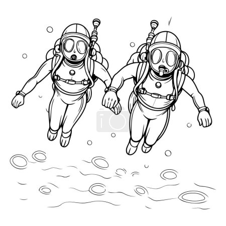 Téléchargez les illustrations : Deux plongeurs plongent dans l'eau. Illustration vectorielle noir et blanc. - en licence libre de droit