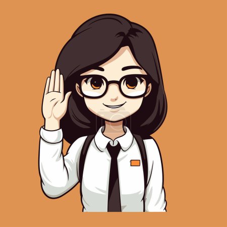 Ilustración de Linda colegiala asiática con gafas diciendo hola. Ilustración vectorial. - Imagen libre de derechos