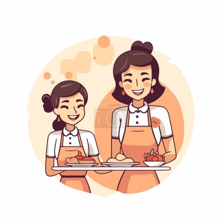 Illustration for Mother and daughter cooking together. Vector illustration in a flat style. - Royalty Free Image