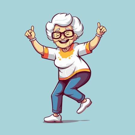 Ilustración de Mujer mayor con gafas bailando y sonriendo. Ilustración vectorial. - Imagen libre de derechos