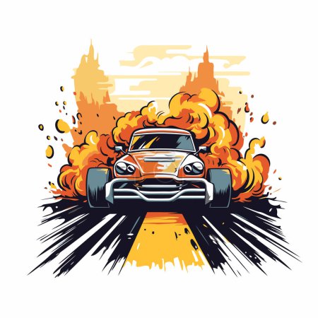 Ilustración de Ilustración vectorial de un coche en llamas en la carretera. Elemento de diseño para póster. tarjeta. banner. signo. - Imagen libre de derechos