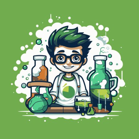 Illustration for Scientist boy cartoon character. Vector illustration. Isolated on green background. - Royalty Free Image