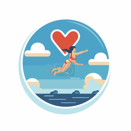 Ilustración de Chica saltando en el mar con el corazón. Ilustración vectorial en estilo plano - Imagen libre de derechos