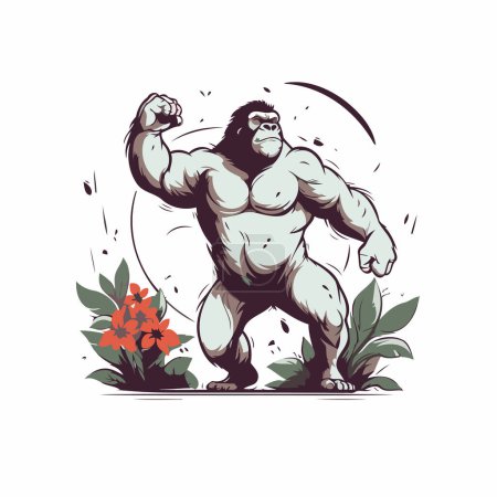 Illustration for Vector illustration of a strong gorilla with flowers and leaves on white background - Royalty Free Image