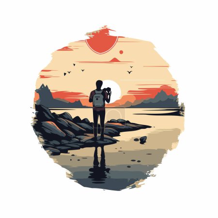 Téléchargez les illustrations : Voyageur avec un sac à dos sur le fond du coucher de soleil. Illustration vectorielle - en licence libre de droit