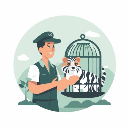 Téléchargez les illustrations : Vétérinaire avec un tigre dans une cage. Illustration vectorielle plate. - en licence libre de droit