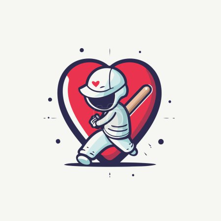 Illustration for Cricket player with a bat and a red heart. Vector illustration. - Royalty Free Image